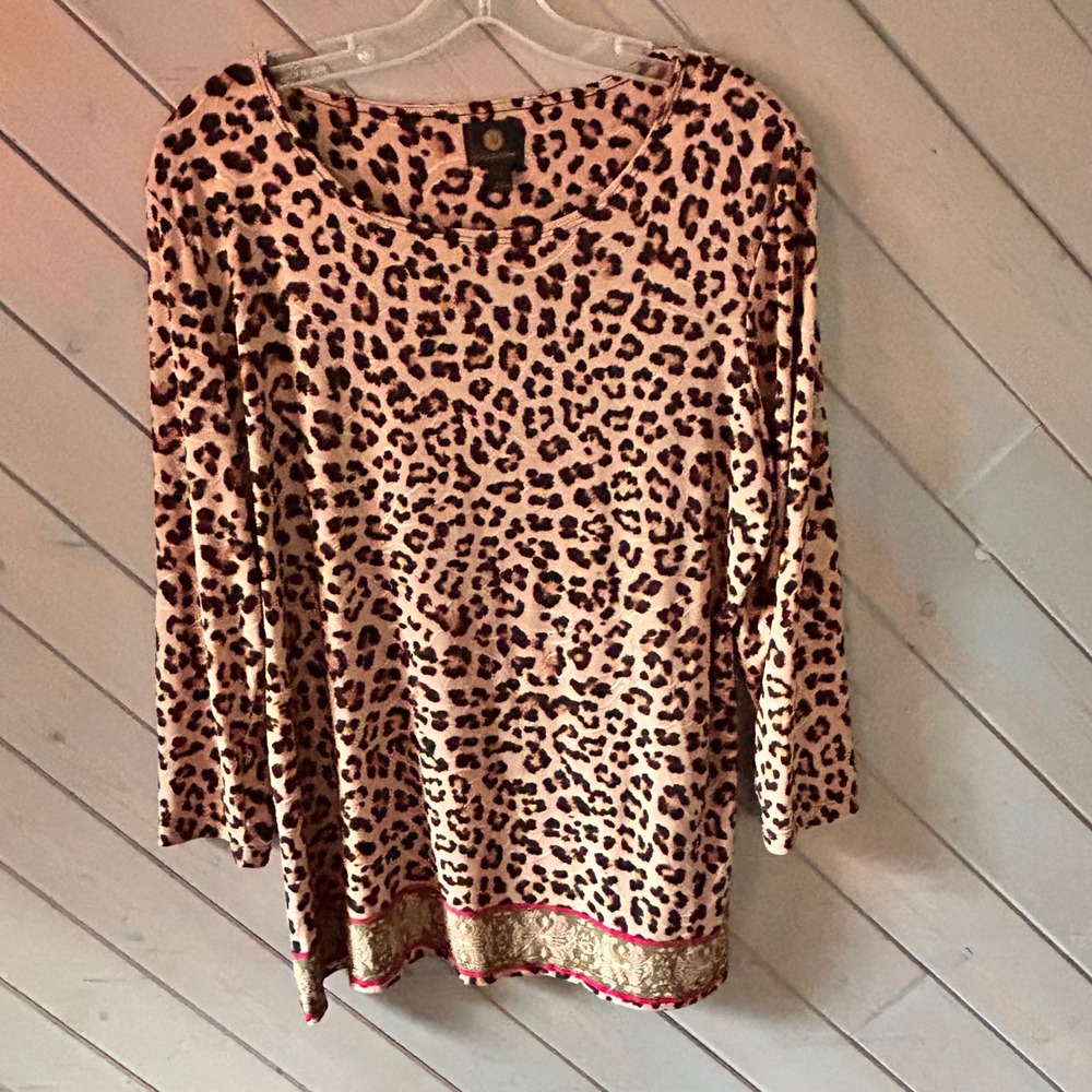 JM Collection Women Leopard Print Tunic Top Brown Animal 3/4 Sleeve Size L